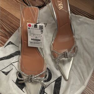 Zara Silver Heels with Glamorous Bow Detail